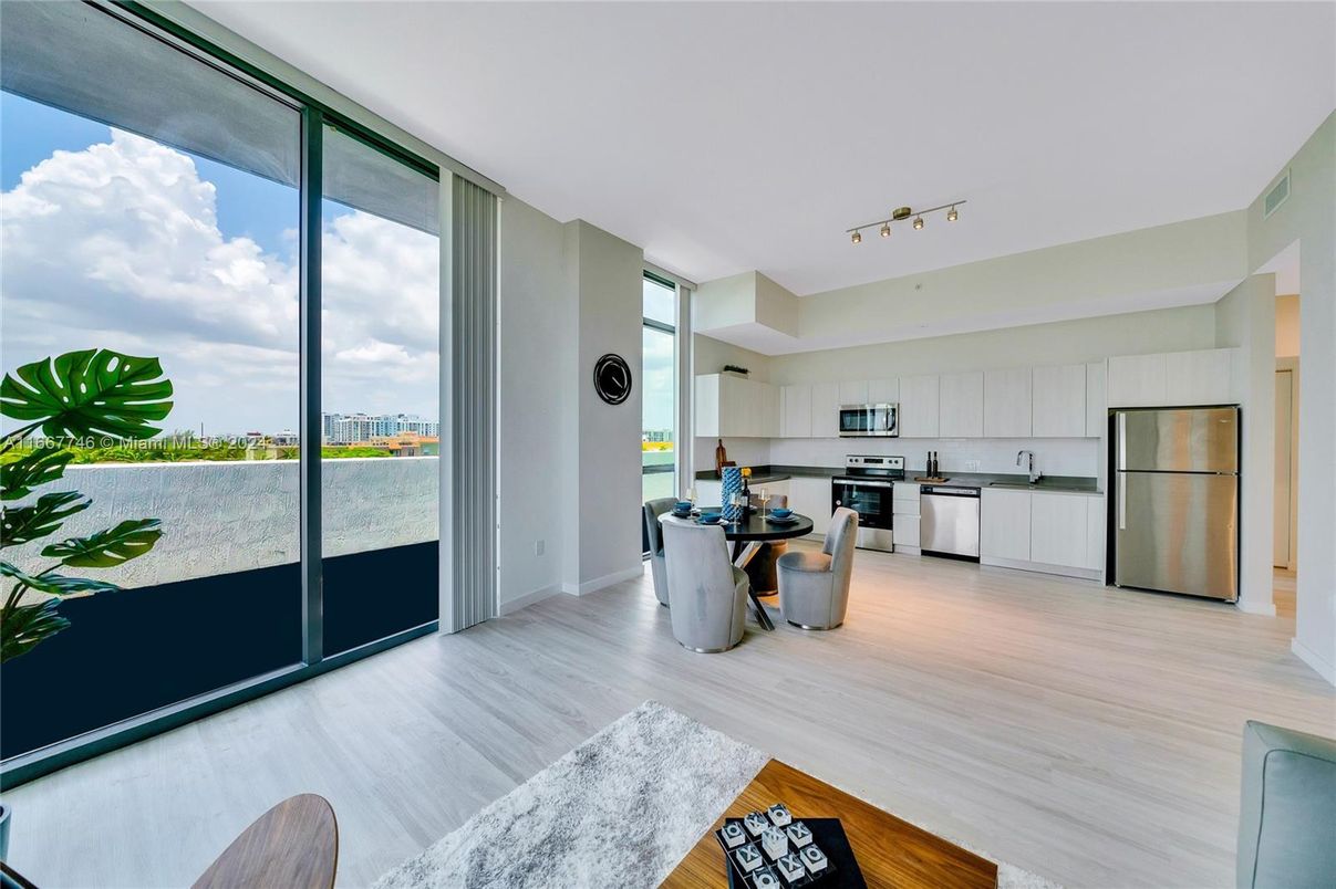 Dining room, Interior, Kitchen, Stainless Steel Appliances, Water, Wood Texture Flooring