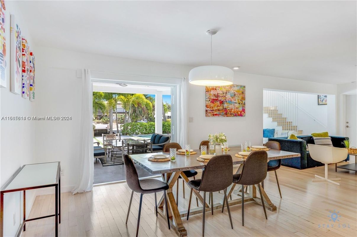 Dining room, Interior, Living room, Pendant Lights, Wood Texture Flooring