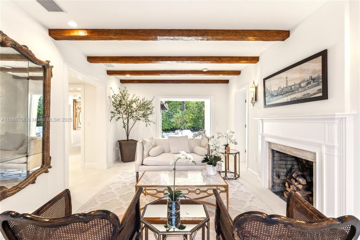 Fireplace, Interior, Living room, Recessed Lighting, Wooden Beams