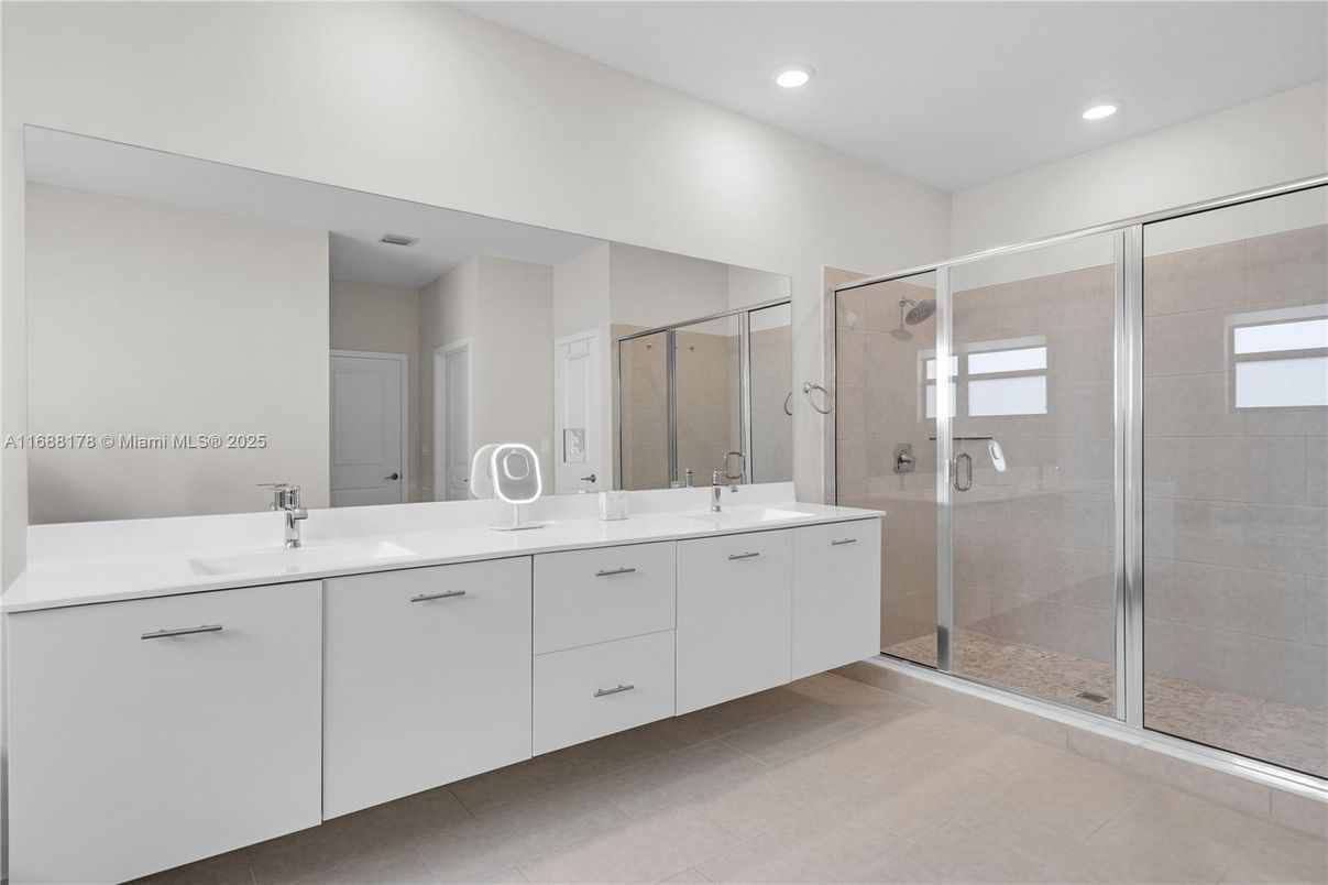 Bathroom, Dual Sink Vanities, Glass Shower, Interior, Recessed Lighting