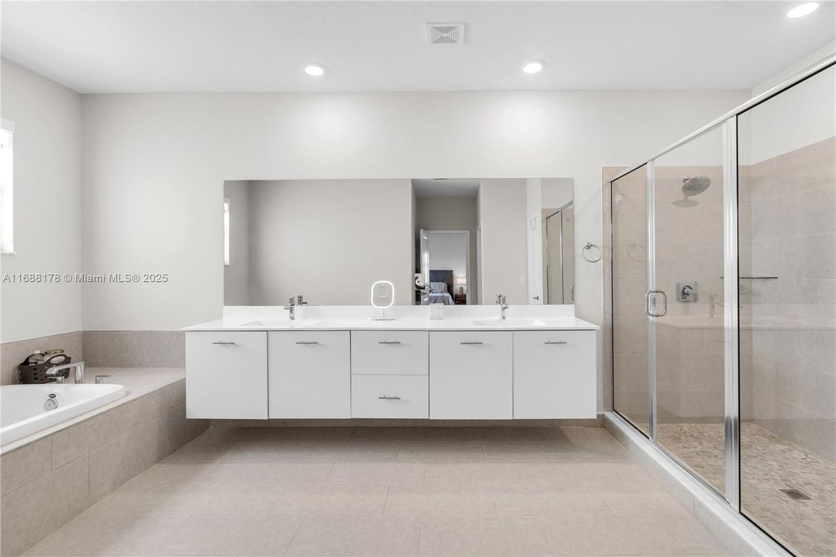 Bathroom, Dual Sink Vanities, Glass Shower, Interior, Recessed Lighting