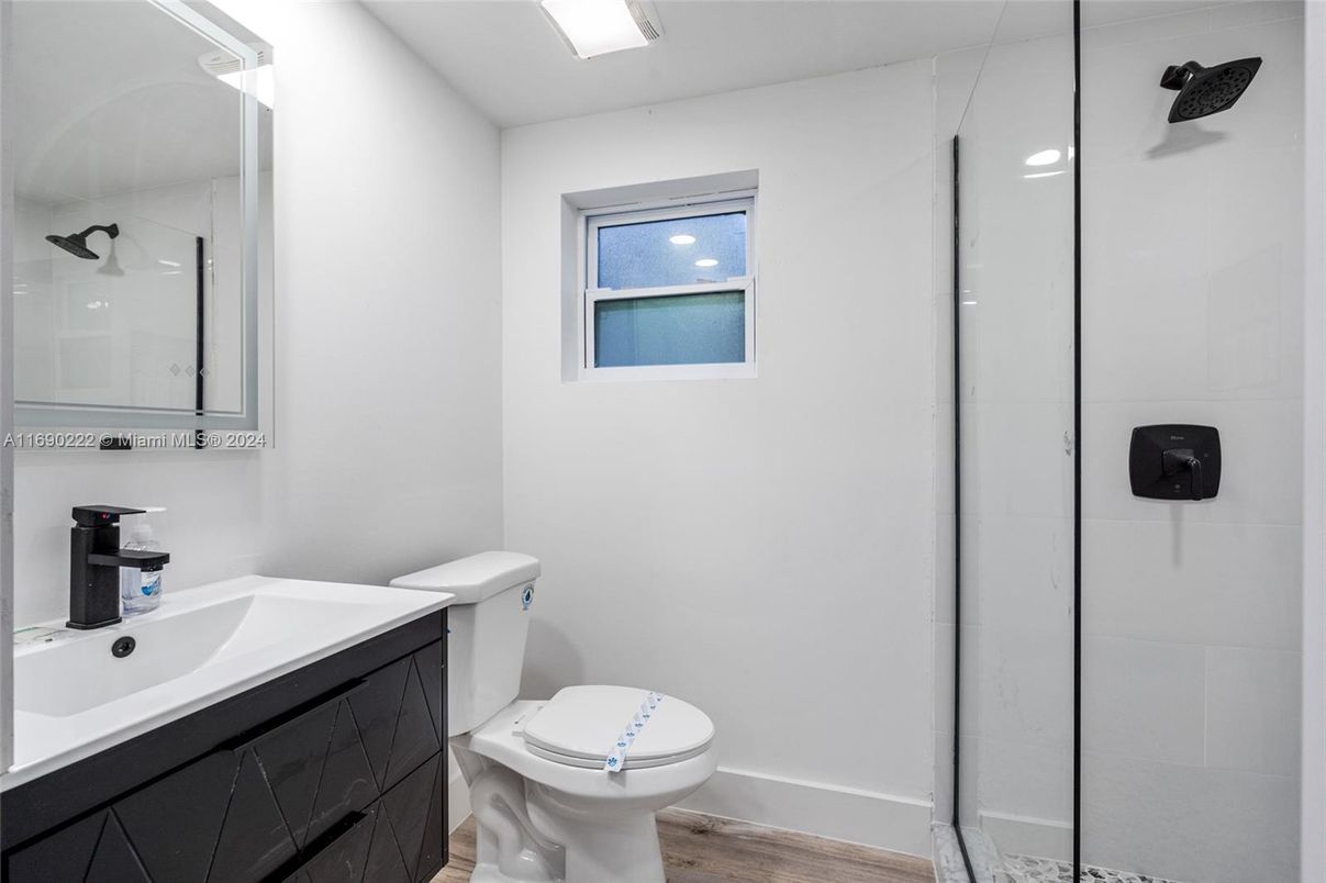 Bathroom, Glass Shower, Interior, Wood Texture Flooring