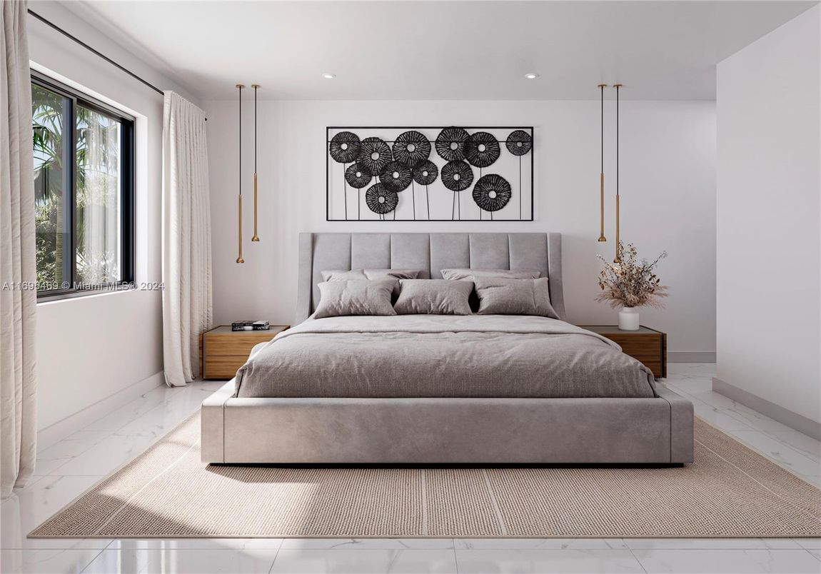 Bedroom, Interior, Marble, Pendant Lights, Recessed Lighting