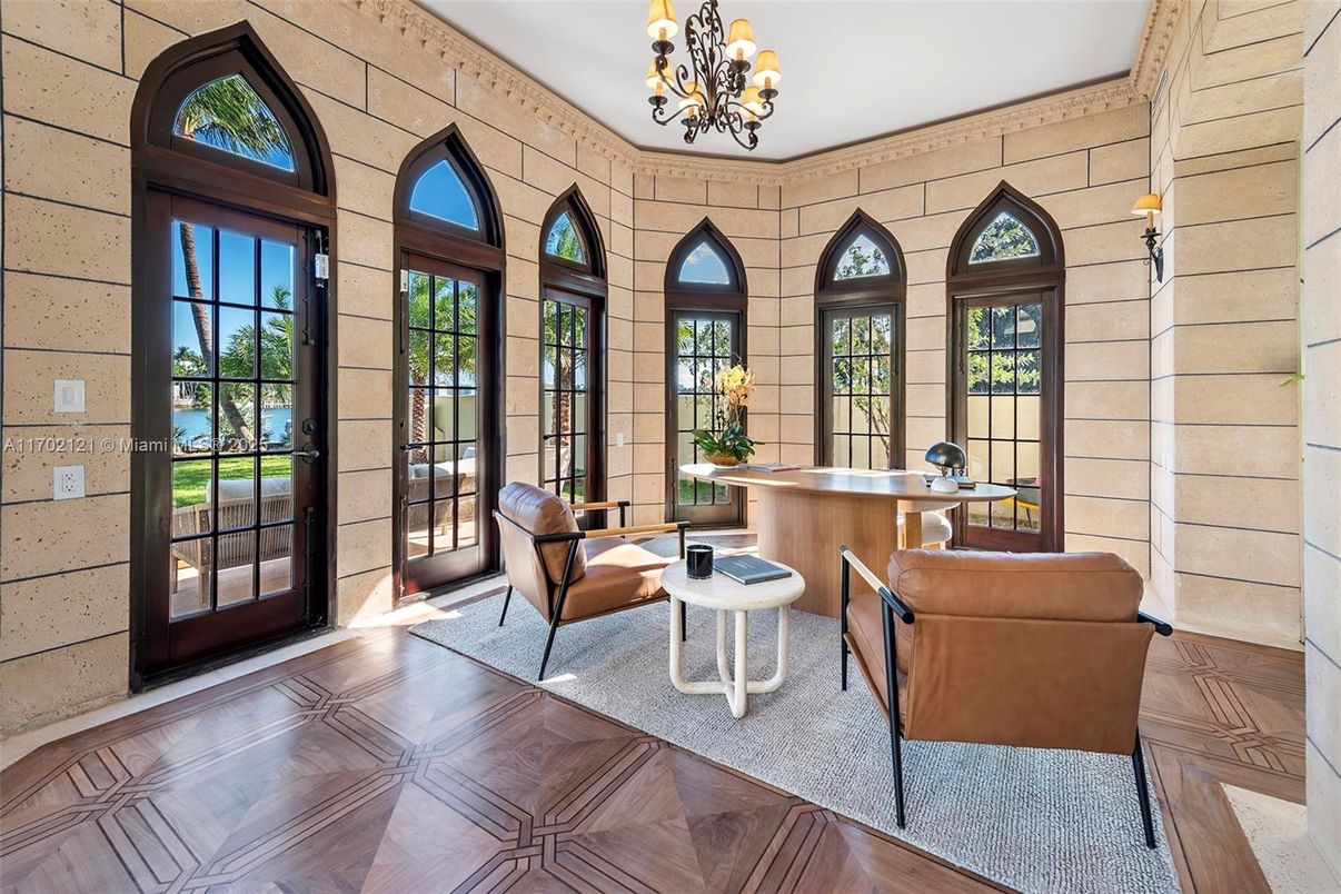 Chandelier, Interior, Stone Walls, Wood Texture Flooring
