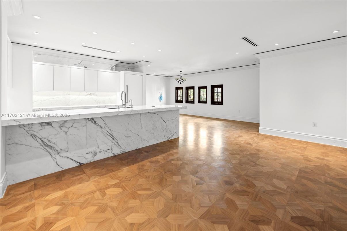 Interior, Kitchen, Marble Walls, Pendant Lights, Recessed Lighting, Wood Texture Flooring