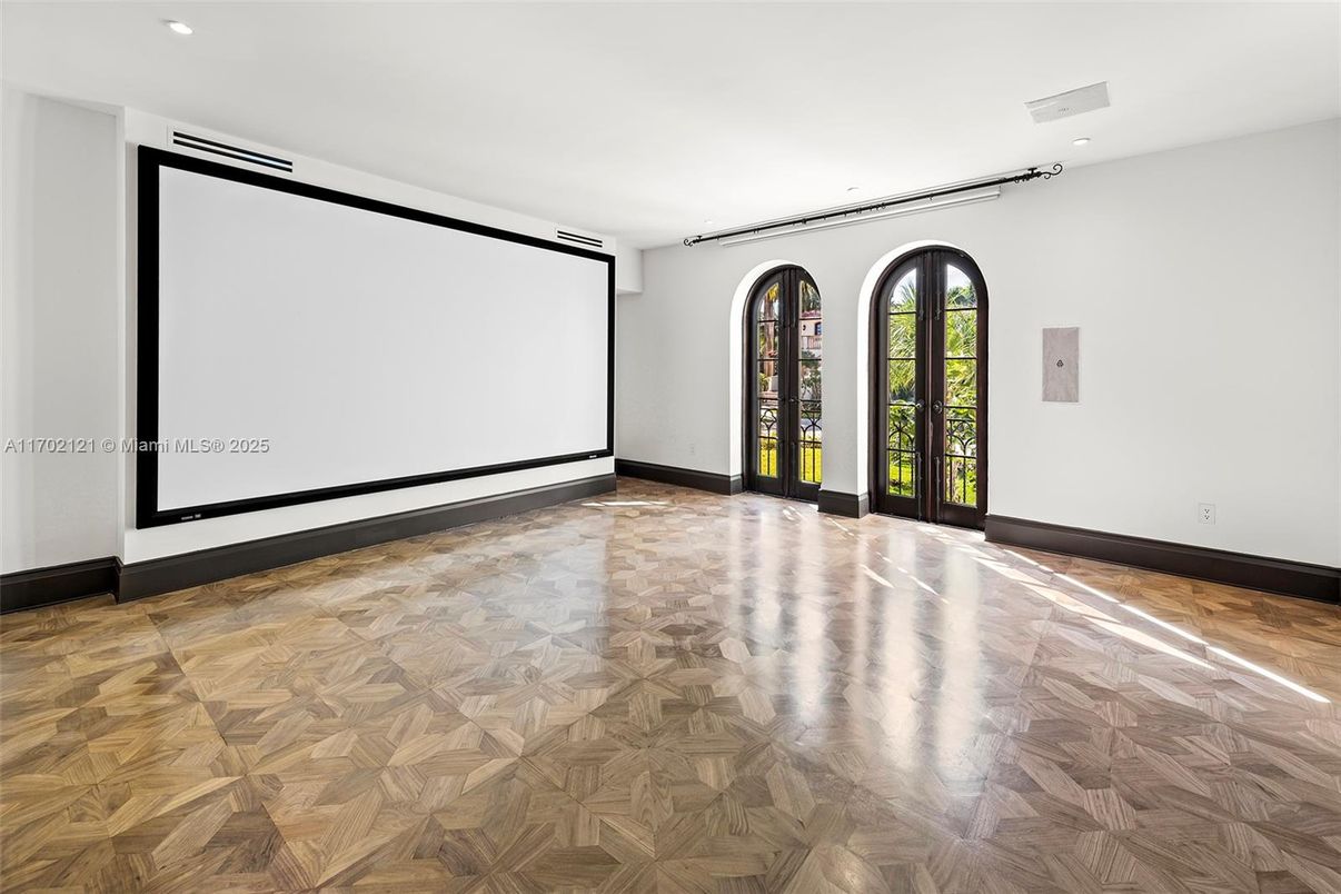 Empty room, Interior, Projection Screen, Recessed Lighting, Wood Texture Flooring
