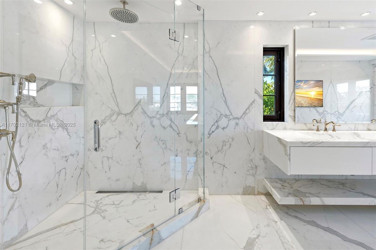 Bathroom, Glass Shower, Interior, Marble, Marble Walls, Recessed Lighting