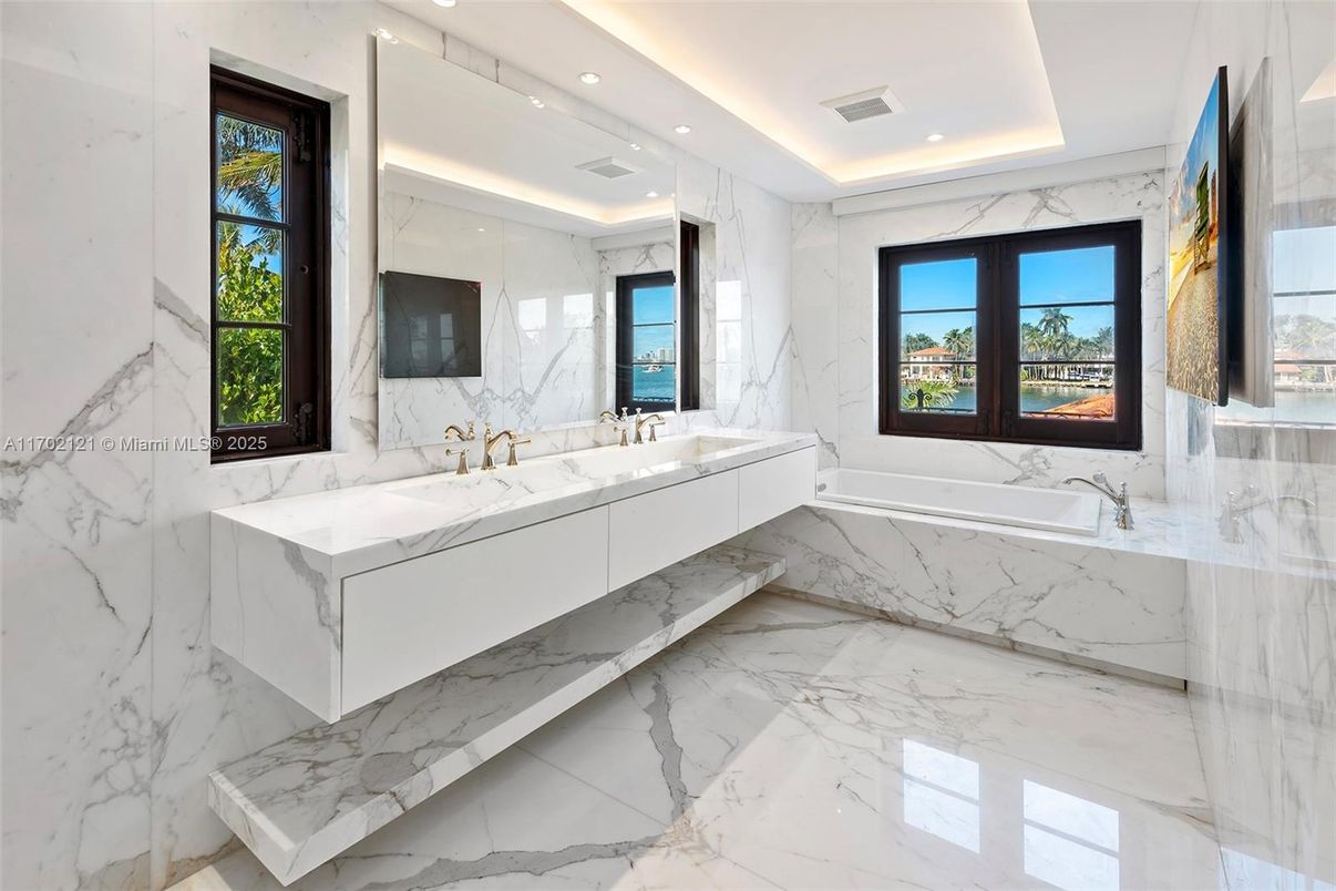Bathroom, Dual Sink Vanities, Interior, Marble, Marble Walls, Recessed Lighting