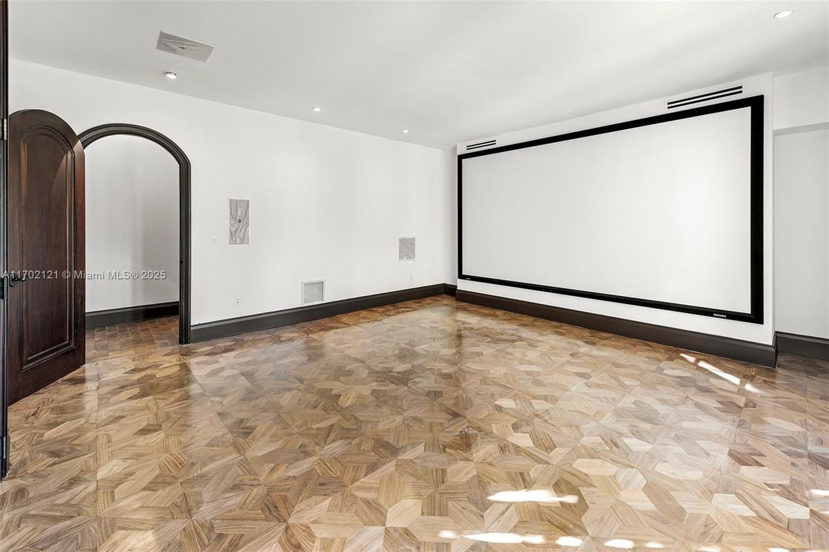 Empty room, Interior, Projection Screen, Recessed Lighting, Wood Texture Flooring