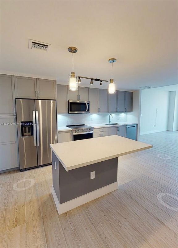Interior, Kitchen, Pendant Lights, Stainless Steel Appliances, Wood Texture Flooring