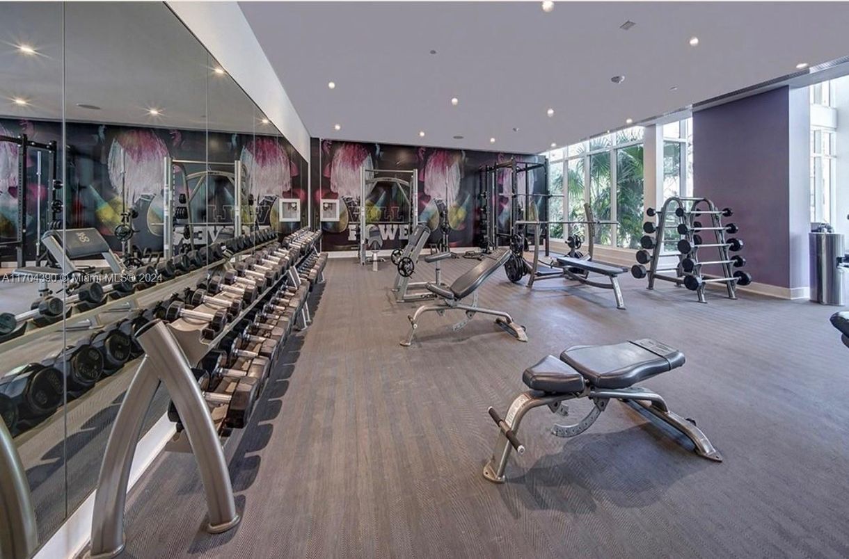Fitness Equipment, Gym, Interior, Recessed Lighting, Wood Texture Flooring
