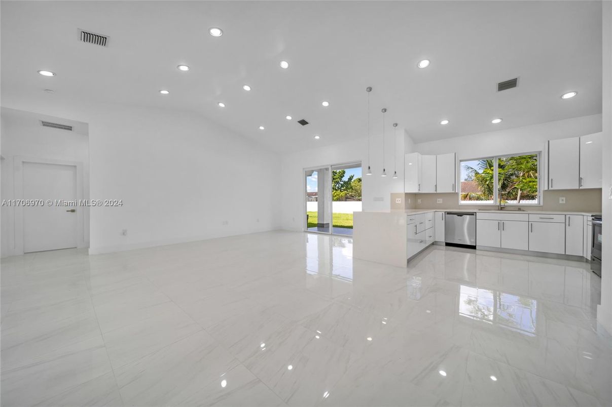 Interior, Kitchen, Marble, Pendant Lights, Recessed Lighting, Stainless Steel Appliances