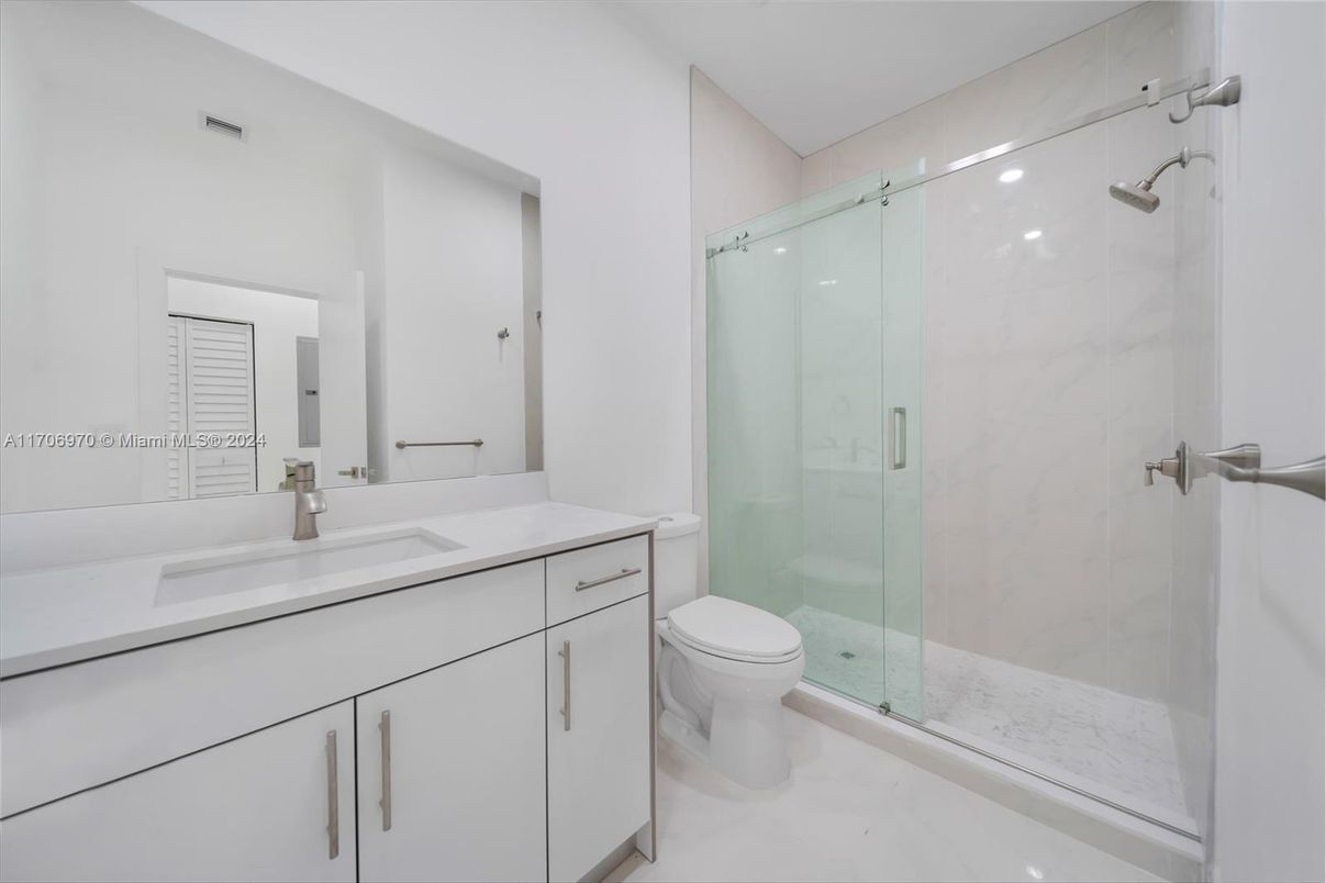 Bathroom, Glass Shower, Interior, Marble Walls, Recessed Lighting