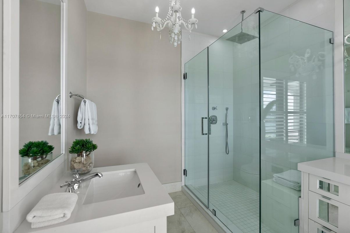 Bathroom, Chandelier, Glass Shower, Interior, Recessed Lighting