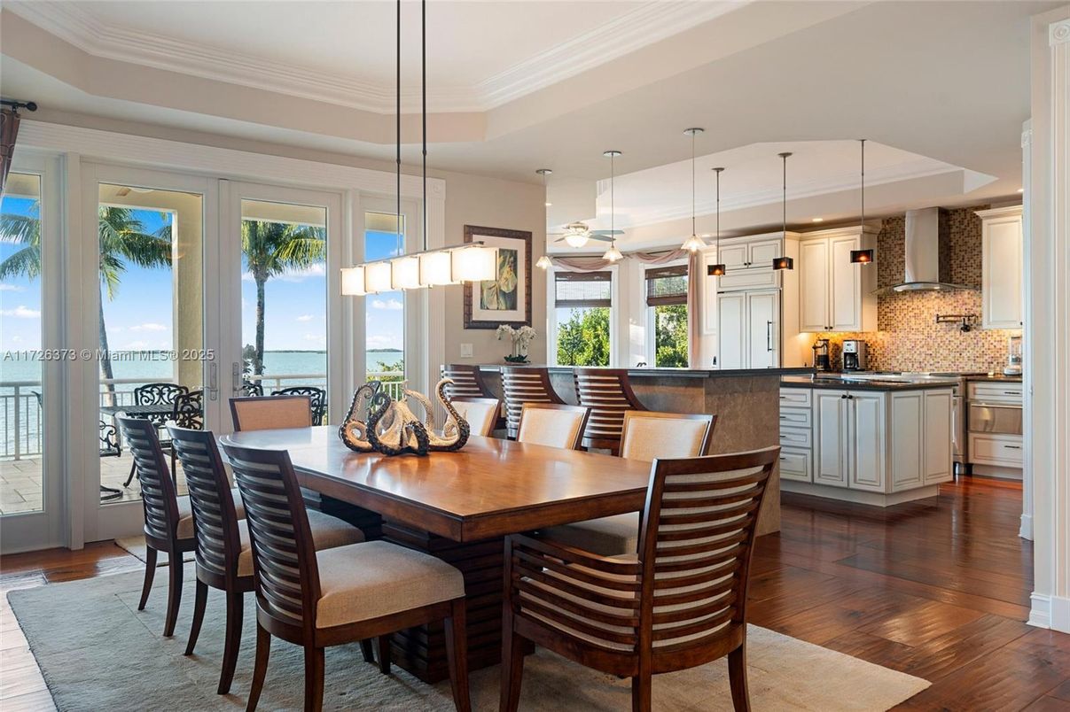 Dining room, Interior, Kitchen, Pendant Lights, Recessed Lighting, Water, Wood Texture Flooring