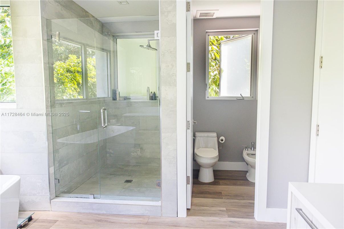 Bathroom, Glass Shower, Interior, Wood Texture Flooring