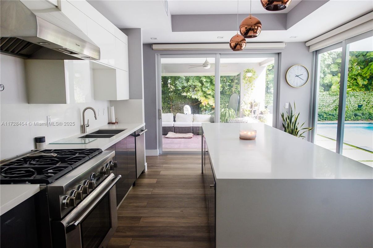 Interior, Kitchen, Pendant Lights, Recessed Lighting, Stainless Steel Appliances, Wood Texture Flooring