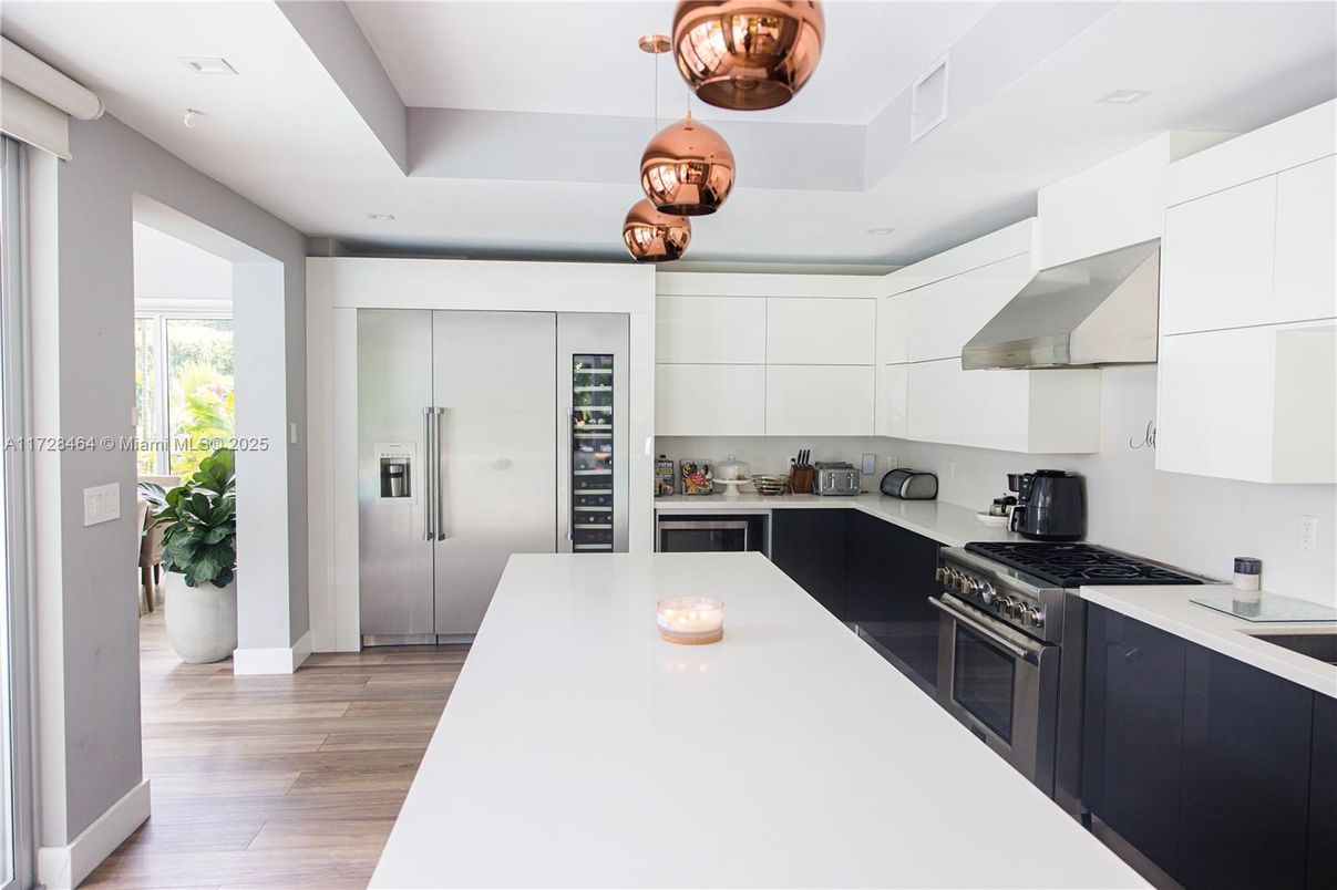Interior, Kitchen, Pendant Lights, Stainless Steel Appliances, Wood Texture Flooring