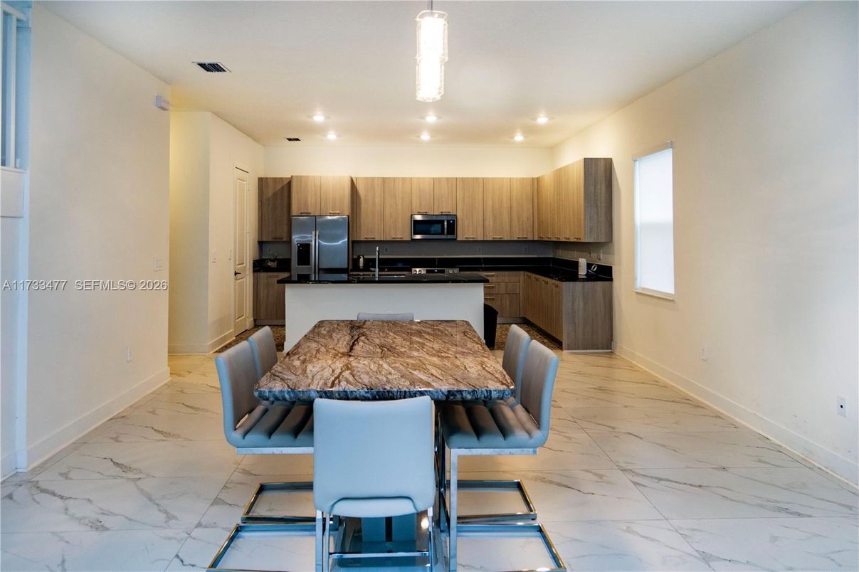 Interior, Kitchen, Marble, Pendant Lights, Recessed Lighting, Stainless Steel Appliances