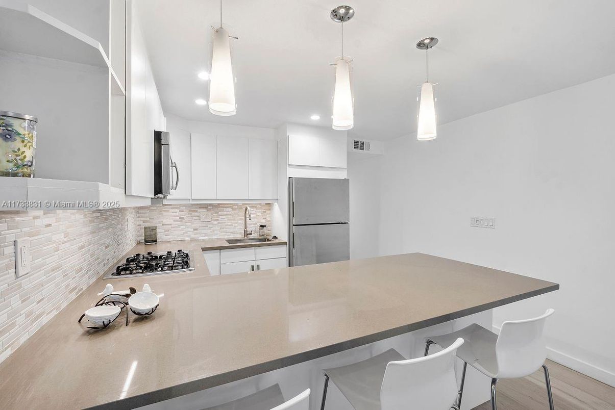 Interior, Kitchen, Pendant Lights, Recessed Lighting, Stone Walls, Wood Texture Flooring