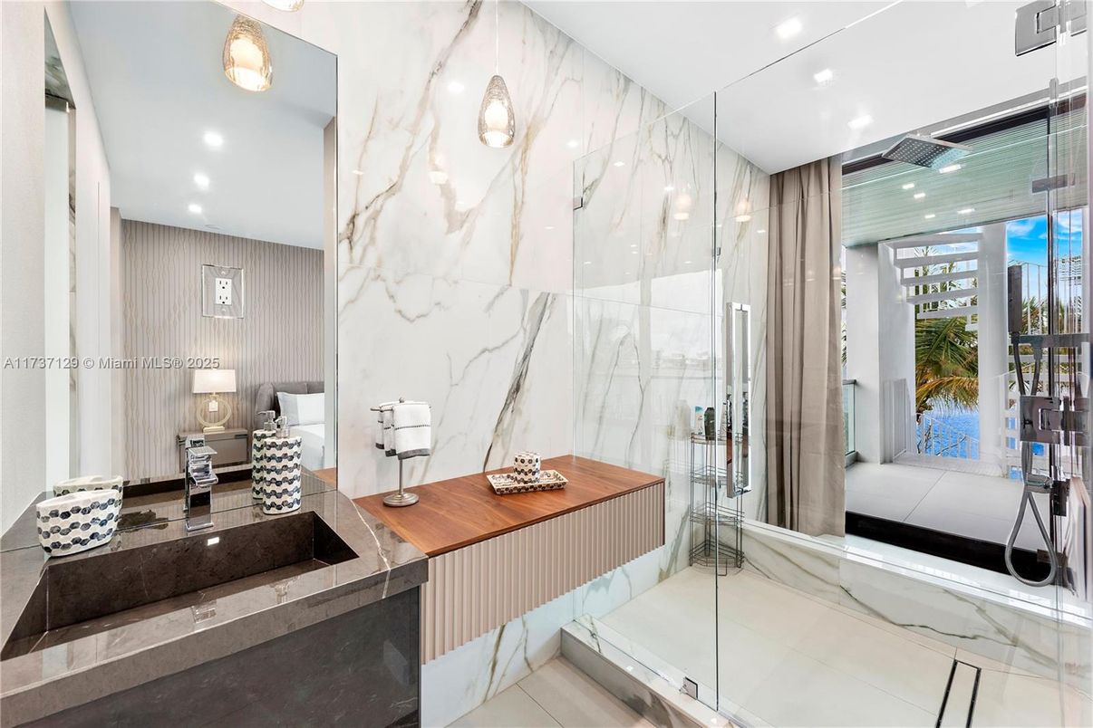 Bathroom, Glass Shower, Interior, Marble Walls, Recessed Lighting