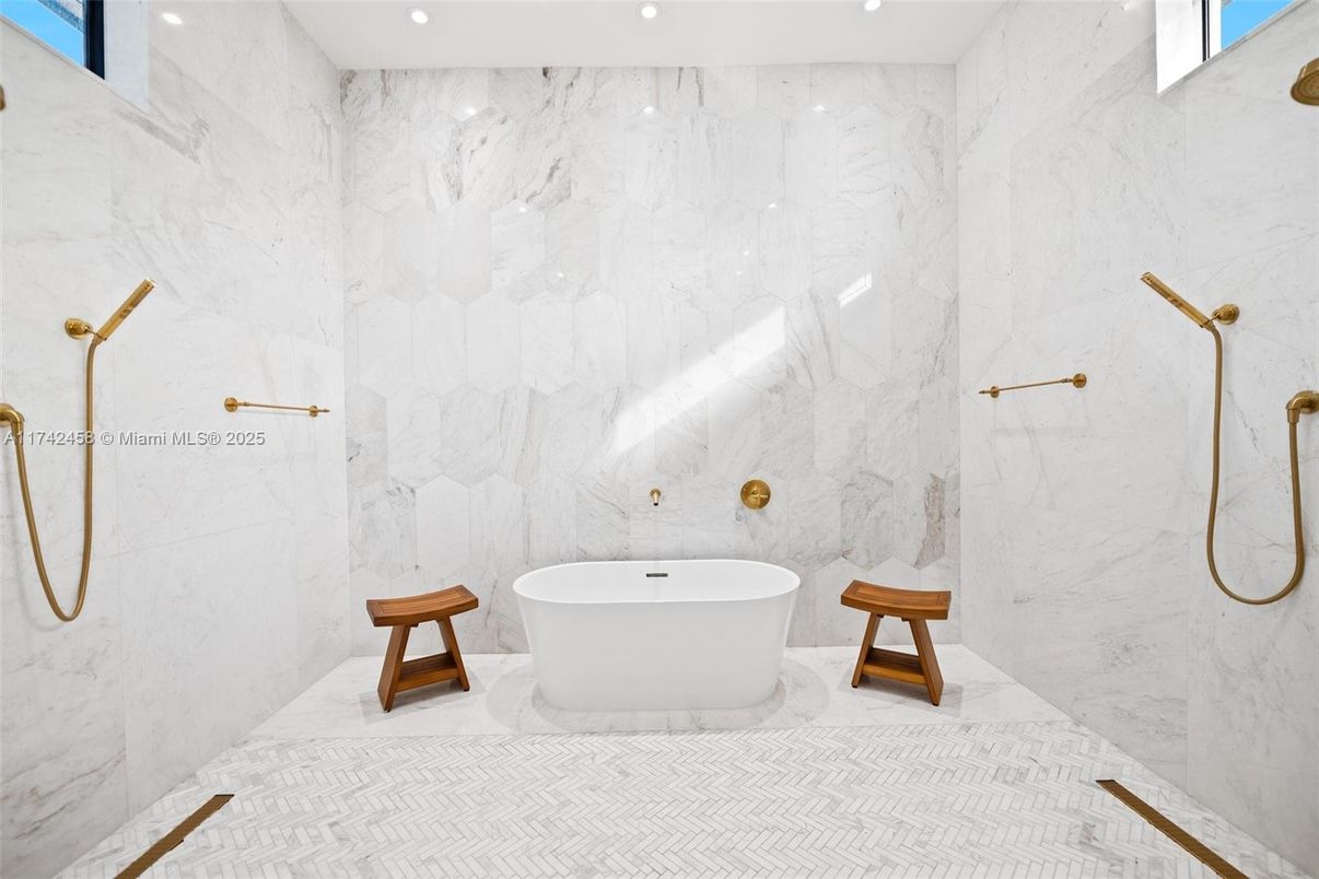 Bathroom, Free Standing Baths, Interior, Marble, Marble Walls, Recessed Lighting