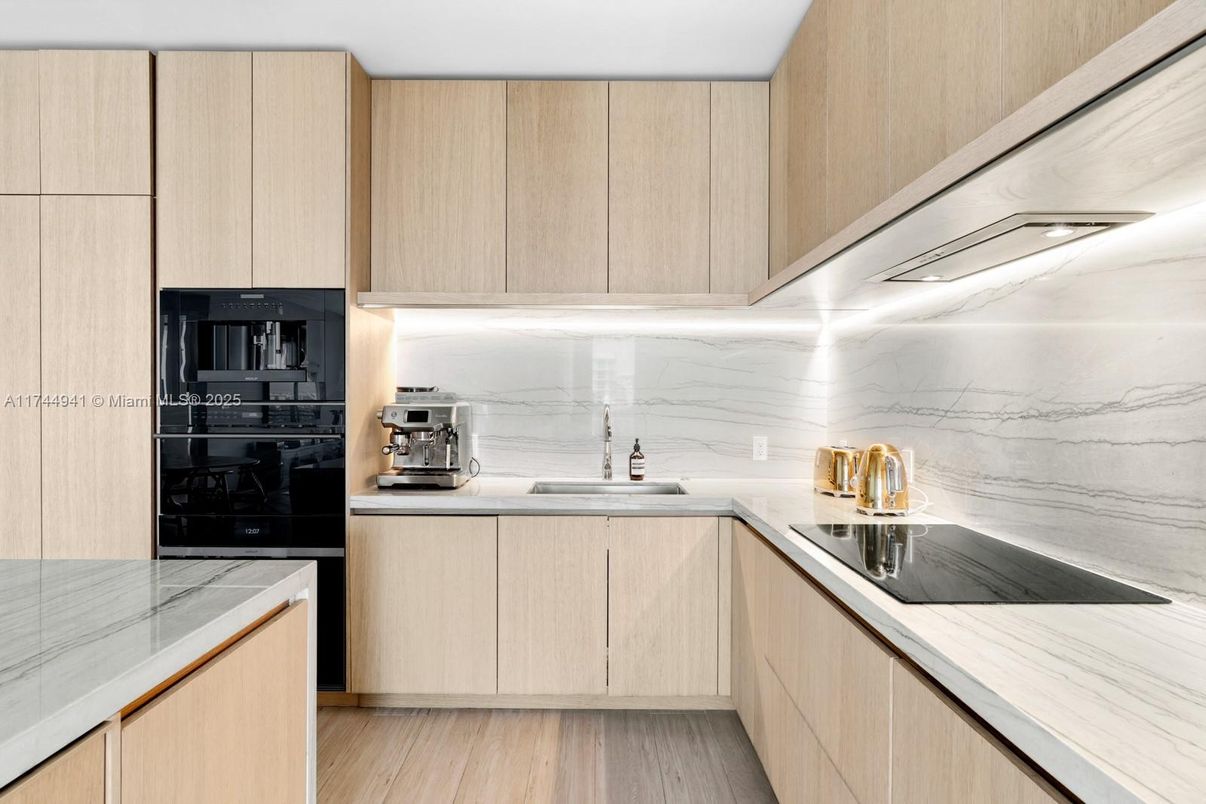 Interior, Kitchen, Marble Walls, Wood Texture Flooring