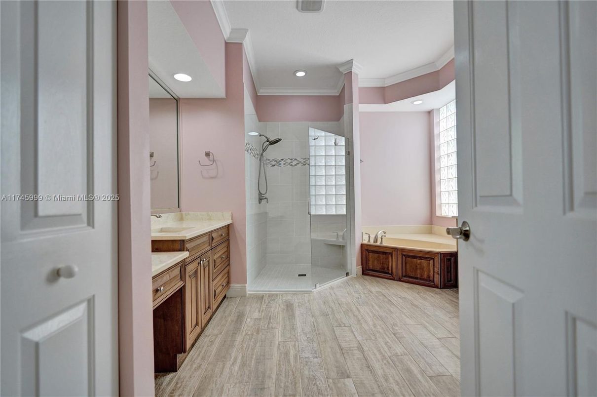 Bathroom, Glass Shower, Interior, Recessed Lighting, Wood Texture Flooring