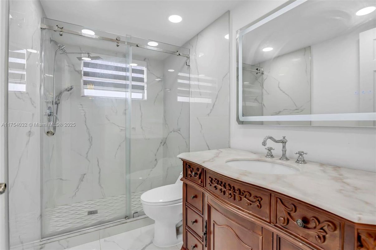 Bathroom, Glass Shower, Interior, Marble Walls, Recessed Lighting