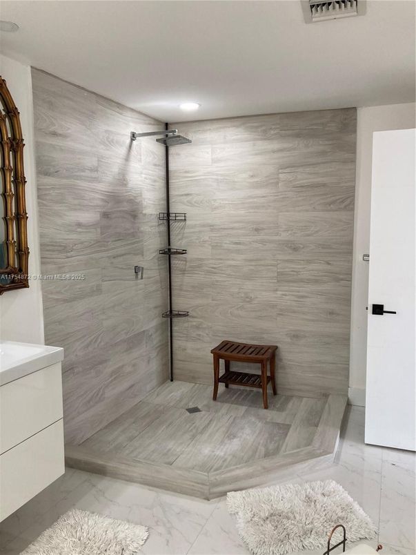 Bathroom, Glass Shower, Interior, Marble, Recessed Lighting