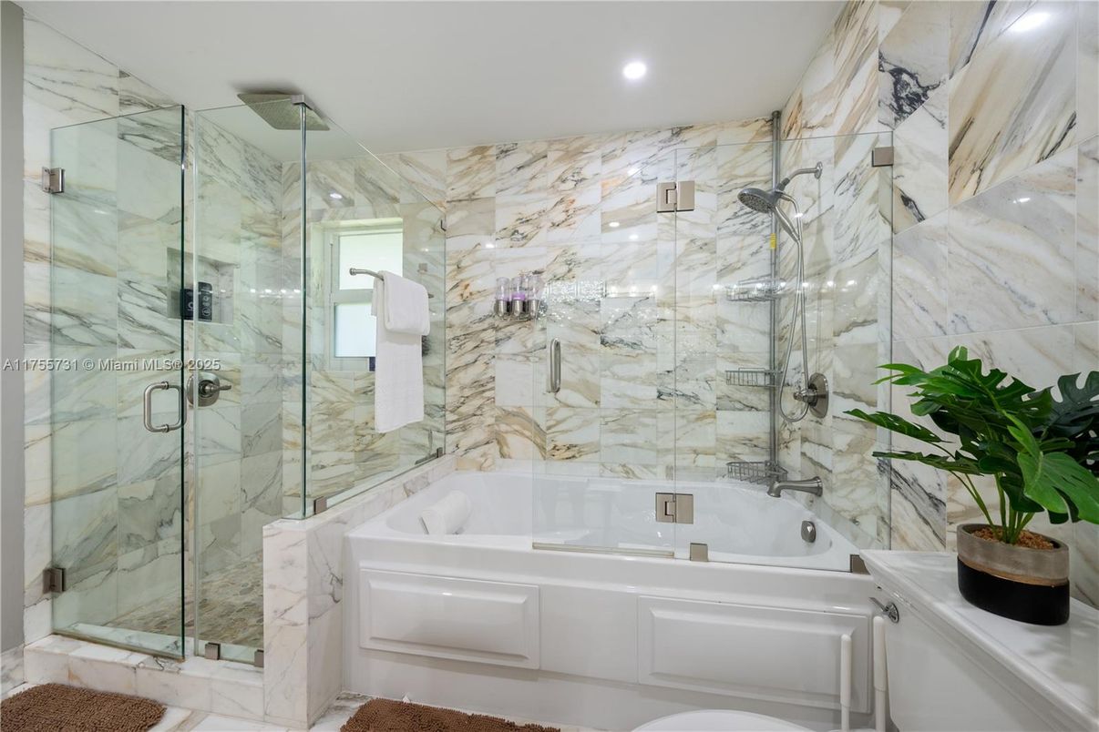 Bathroom, Glass Shower, Interior, Marble Walls, Recessed Lighting