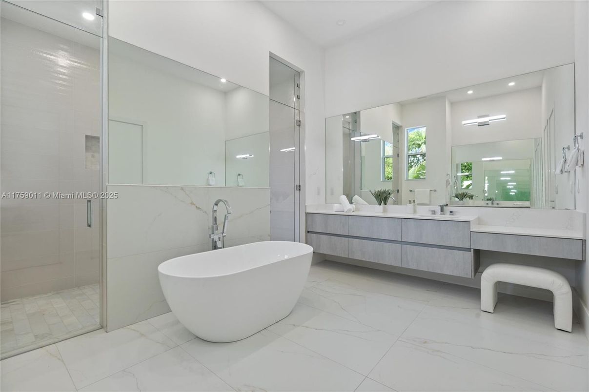 Bathroom, Dual Sink Vanities, Free Standing Baths, Glass Shower, Interior, Marble, Marble Walls, Recessed Lighting