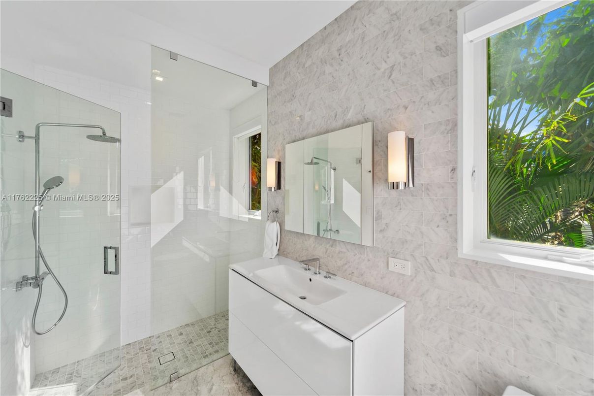 Bathroom, Glass Shower, Interior, Marble Walls, Recessed Lighting