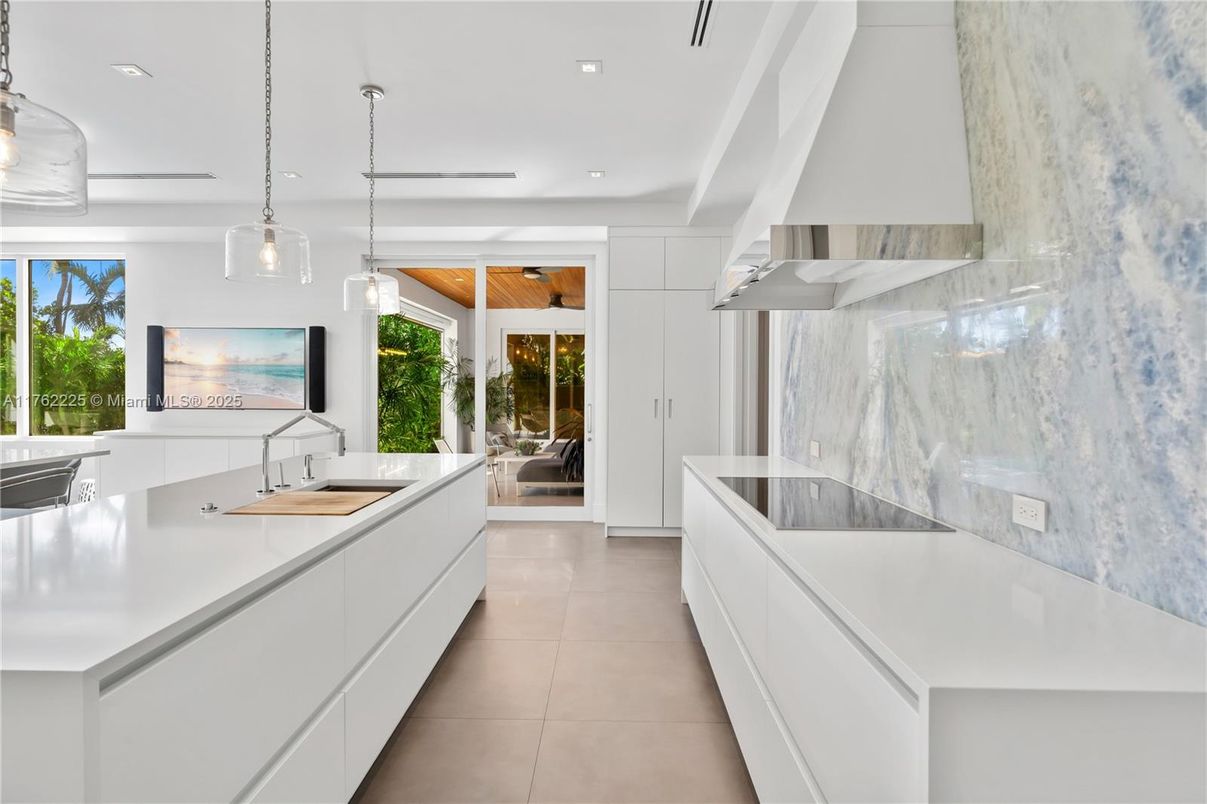 Interior, Kitchen, Marble Walls, Pendant Lights, Recessed Lighting