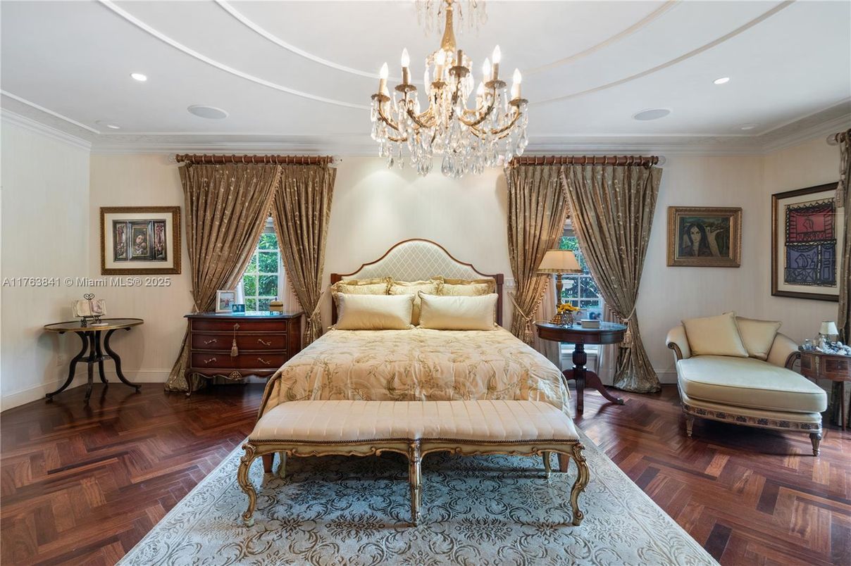Bedroom, Chandelier, Interior, Recessed Lighting, Wood Texture Flooring
