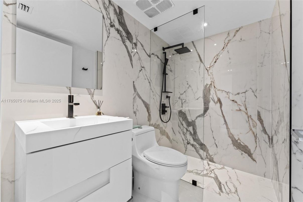 Bathroom, Glass Shower, Interior, Marble Walls, Recessed Lighting