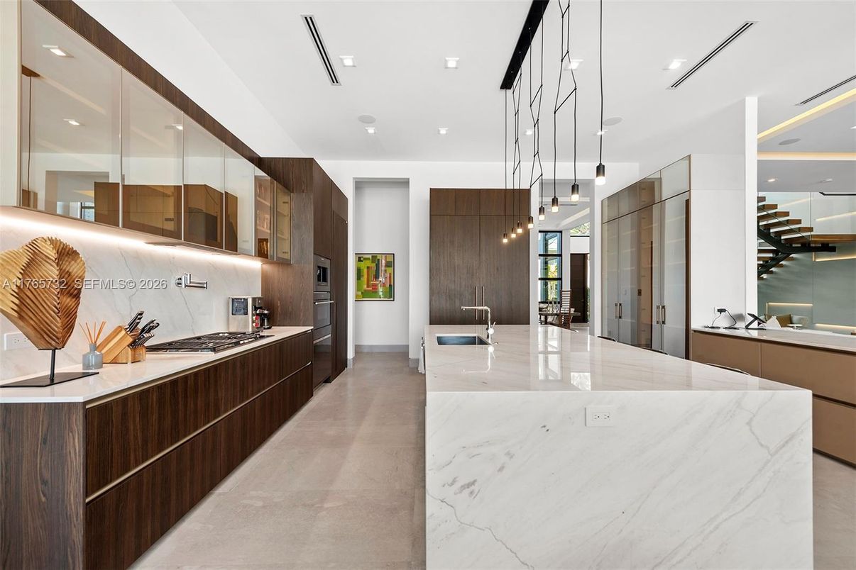 Interior, Kitchen, Marble, Pendant Lights, Recessed Lighting, Stainless Steel Appliances