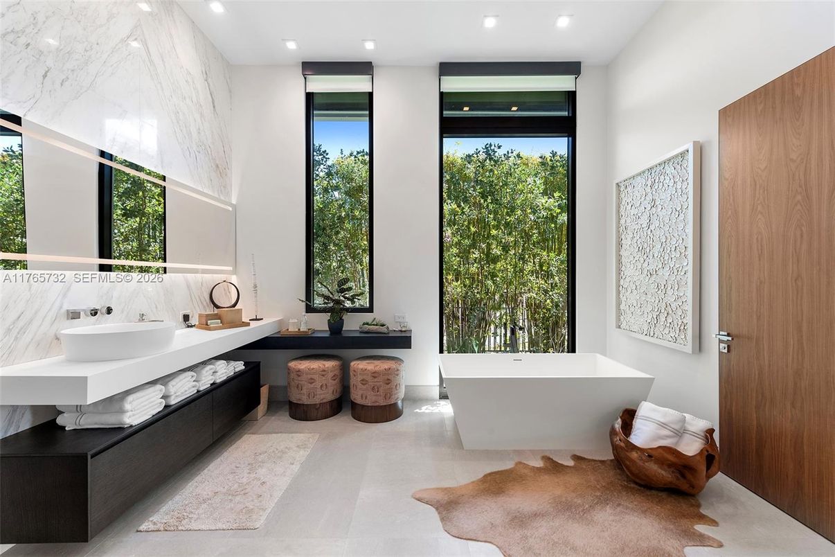 Bathroom, Dual Sink Vanities, Free Standing Baths, Interior, Marble Walls, Recessed Lighting