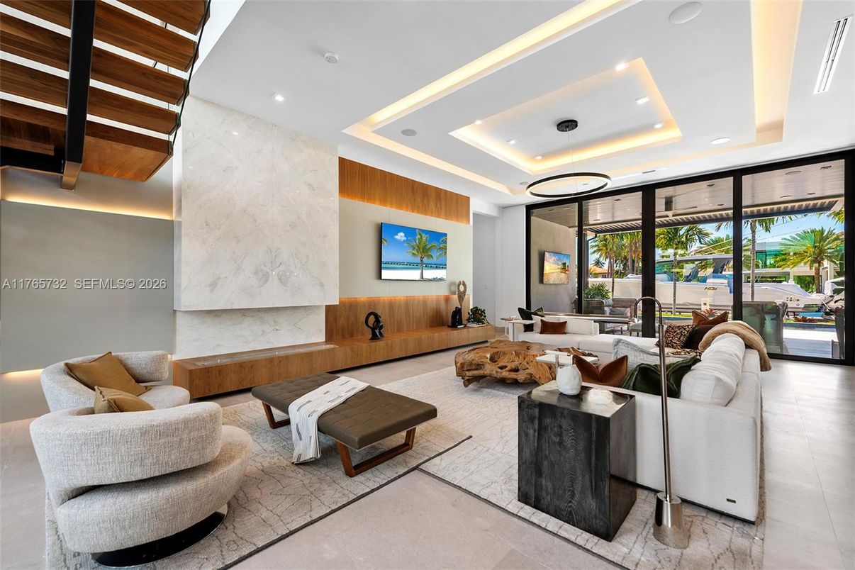 Fireplace, Interior, Living room, Marble Walls, Recessed Lighting, Water