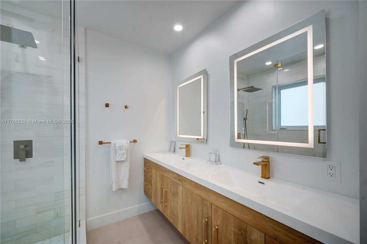 Bathroom, Dual Sink Vanities, Glass Shower, Interior, Recessed Lighting