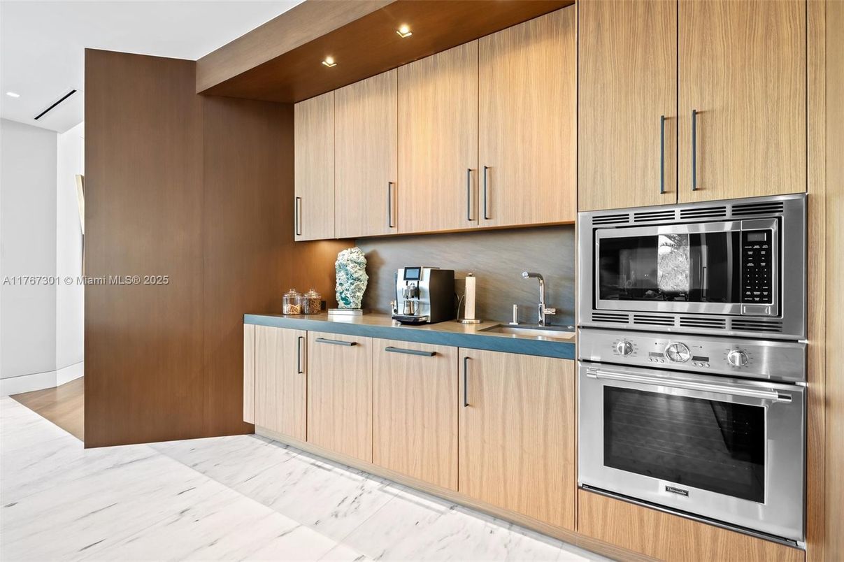 Interior, Kitchen, Marble, Recessed Lighting, Stainless Steel Appliances, Wood Texture Flooring