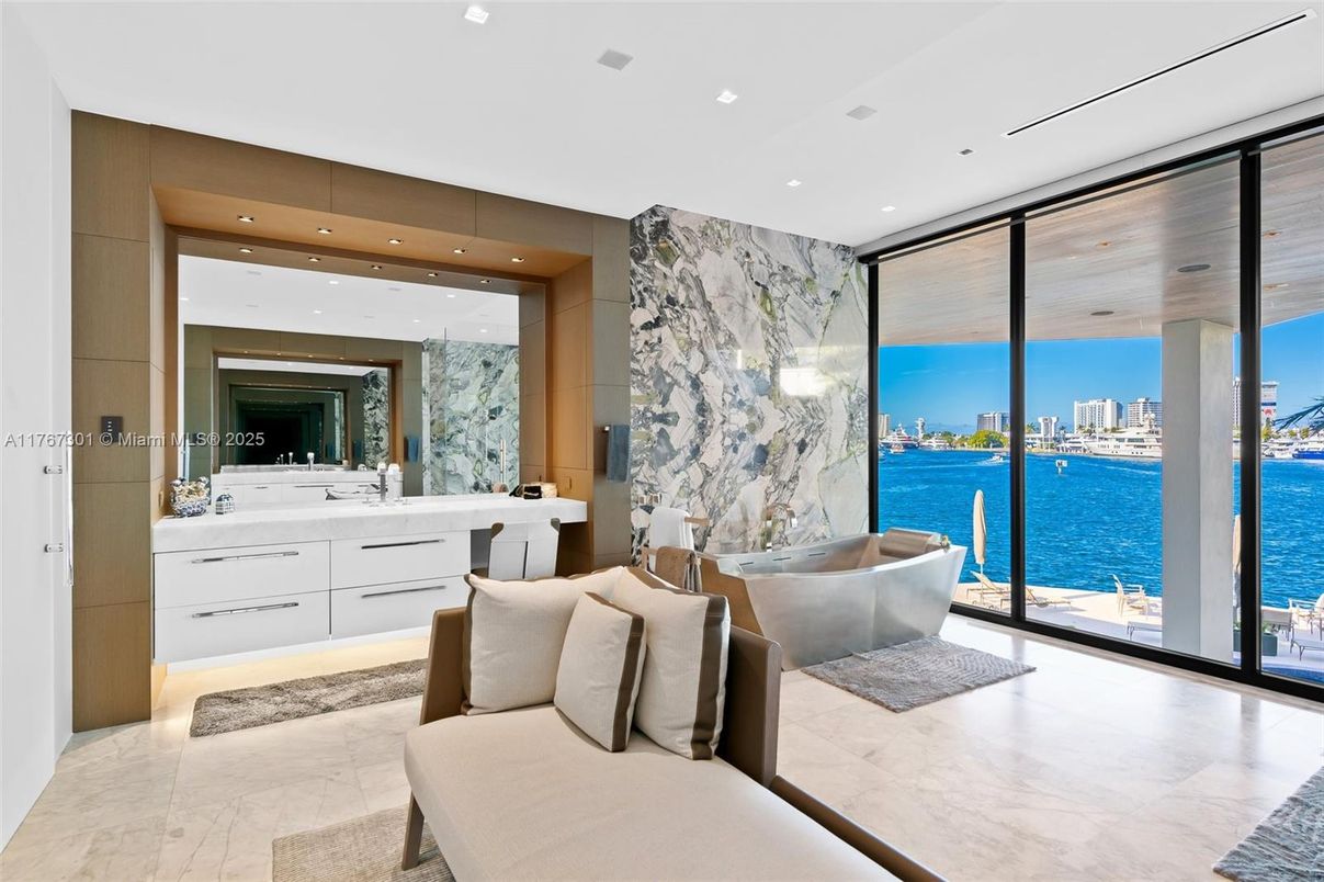 Bathroom, Free Standing Baths, Interior, Marble, Marble Walls, Recessed Lighting, Water