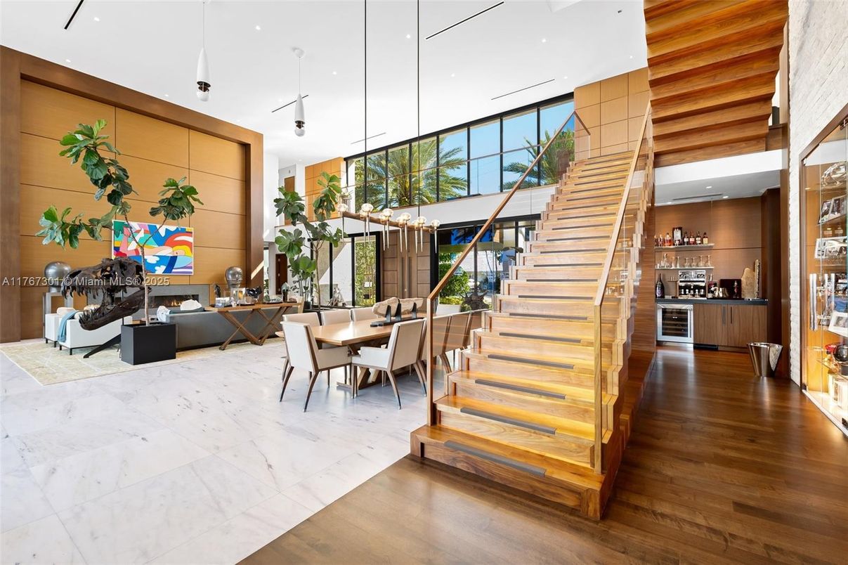 Dining room, Interior, Marble, Pendant Lights, Recessed Lighting, Wood Texture Flooring