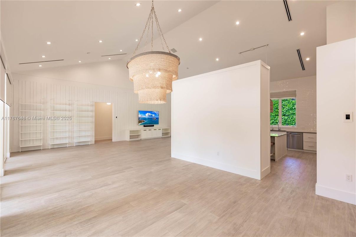 Chandelier, Empty room, Interior, Recessed Lighting, Wood Texture Flooring