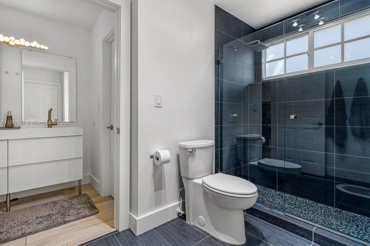 Bathroom, Glass Shower, Interior, Wood Texture Flooring