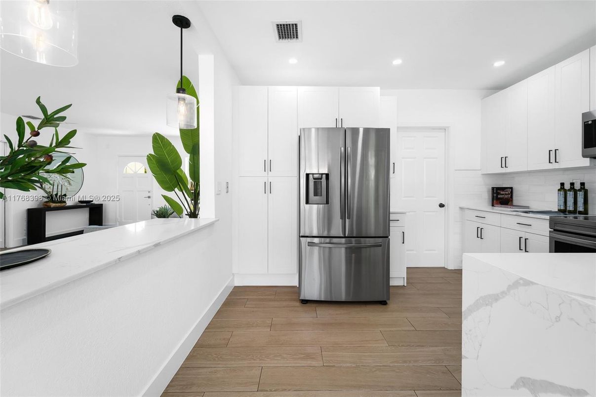 Interior, Kitchen, Pendant Lights, Recessed Lighting, Stainless Steel Appliances, Wood Texture Flooring