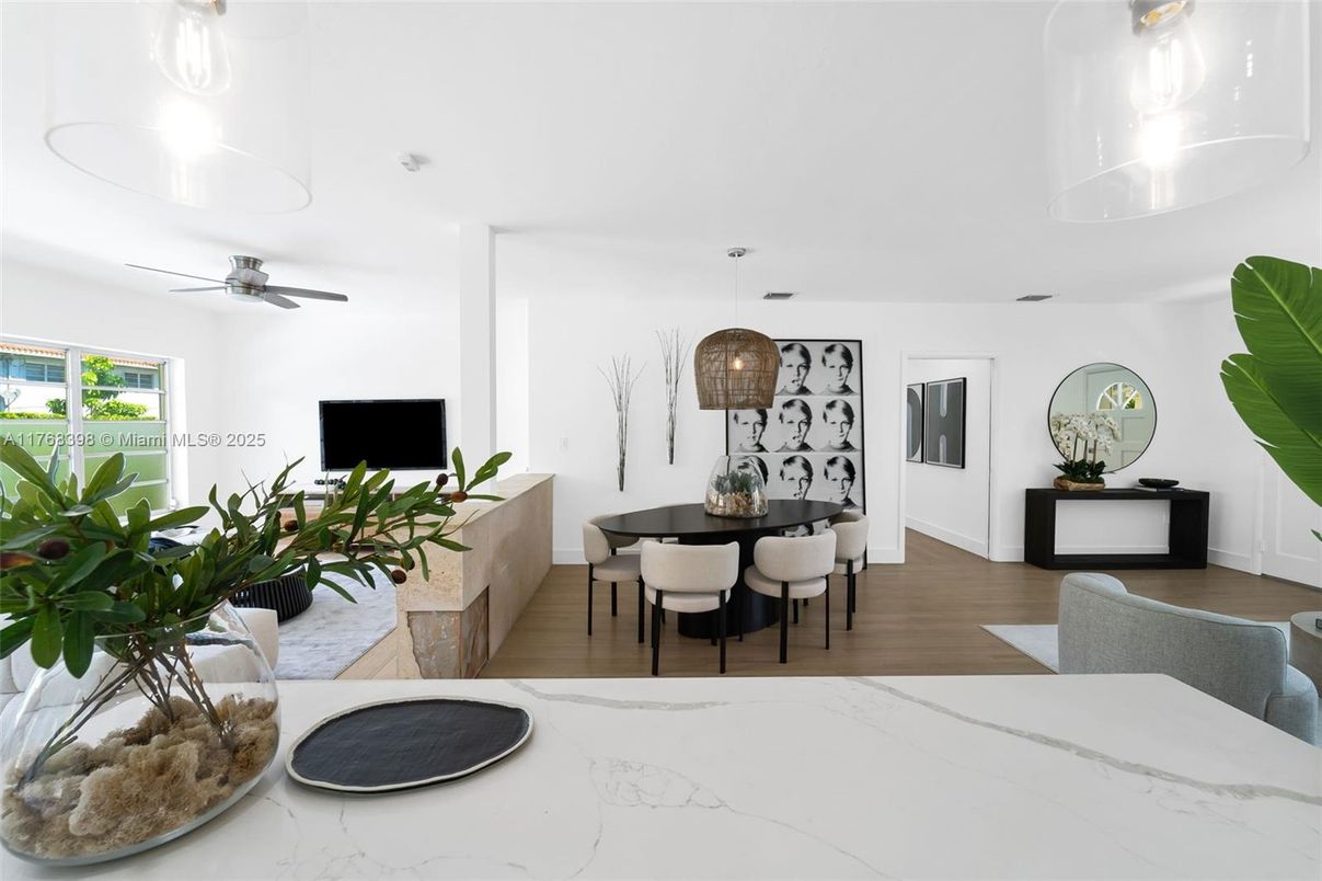 Dining room, Interior, Pendant Lights, Wood Texture Flooring