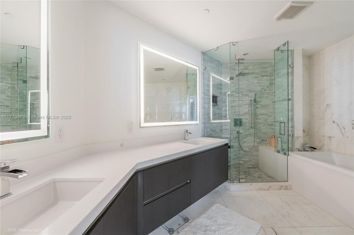Bathroom, Dual Sink Vanities, Glass Shower, Interior, Marble, Marble Walls