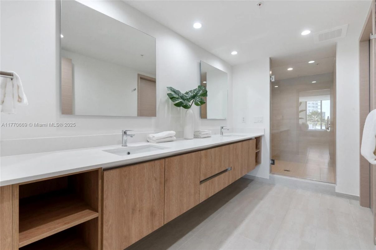 Bathroom, Dual Sink Vanities, Glass Shower, Interior, Recessed Lighting