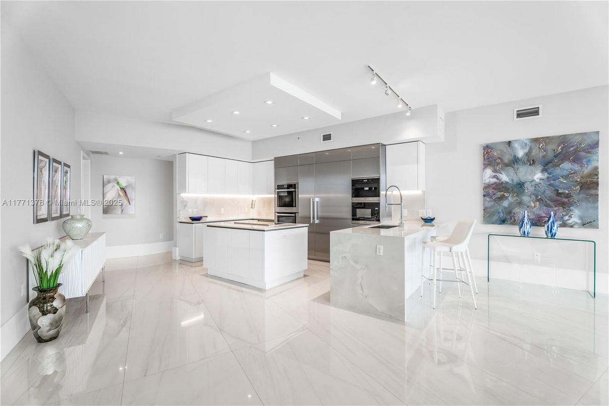 Interior, Kitchen, Marble, Recessed Lighting, Stainless Steel Appliances